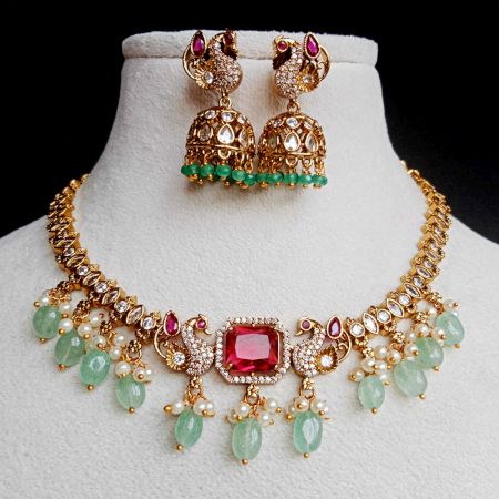Handmade Brass Metal Jewellery Pink Peacock Necklace Set